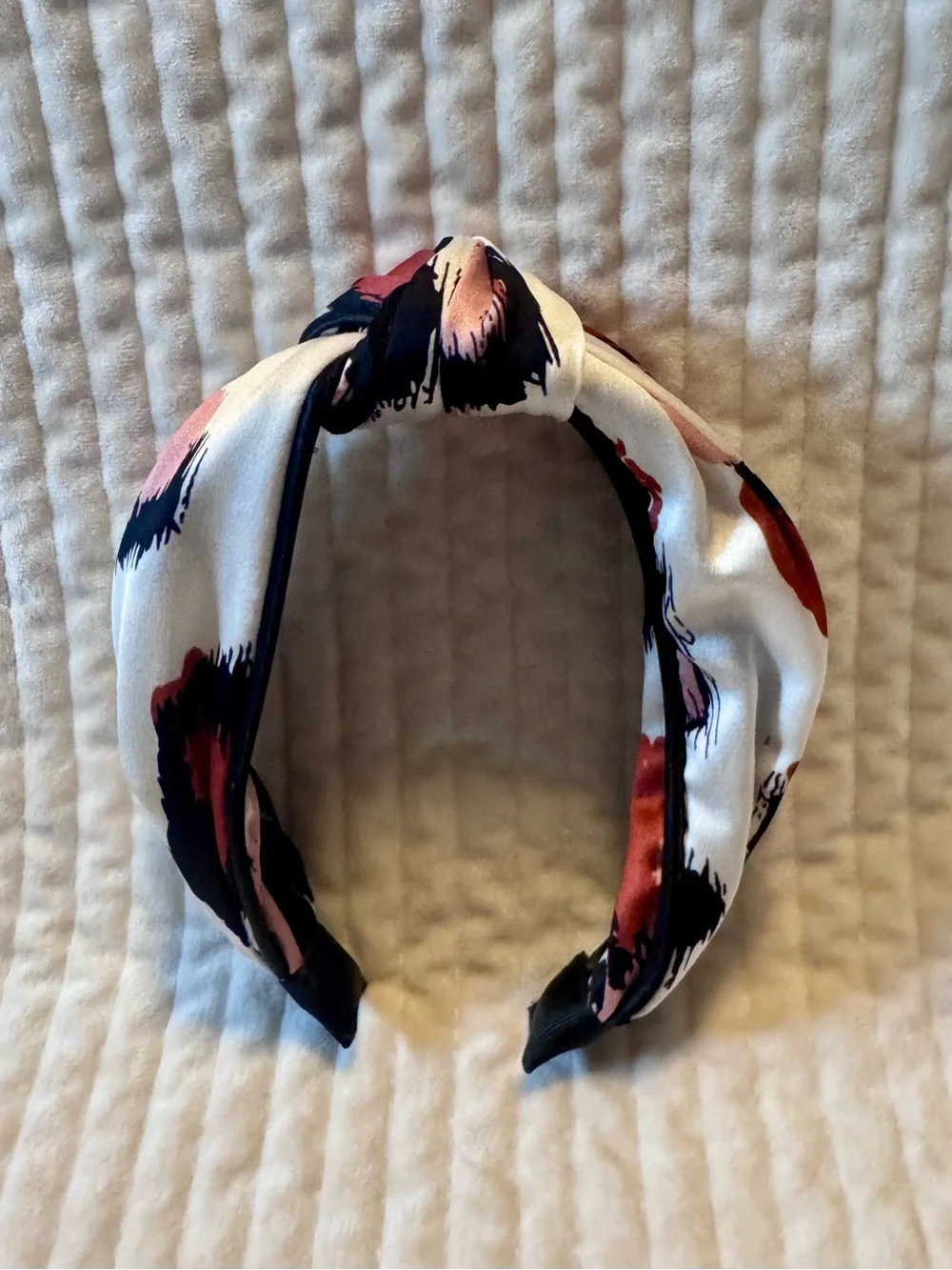 Silky Knot Headband in White with Pink and Rust Spots